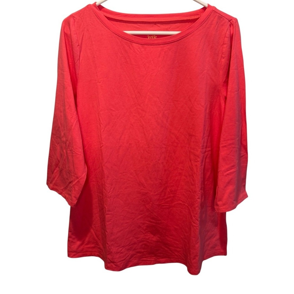 Belle by Kim Gravel Womens Coral Pink  Knit Top 3/4 Sleeve Scoop Neck M NEW